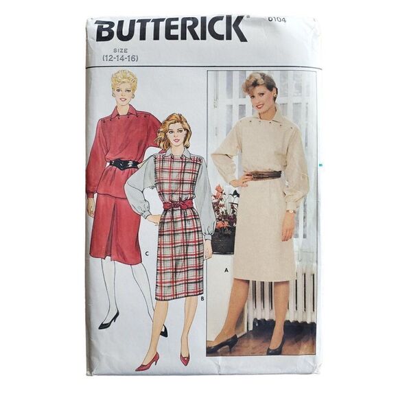 Vintage 80s Butterick Pattern 6104 Uncut Straight Dress Pullover Collar 12 14 16 - Picture 2 of 4